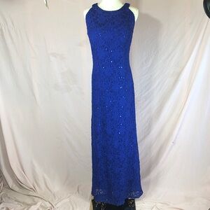Prom Royal Blue Lace Halter Evening Gown Size Large 14